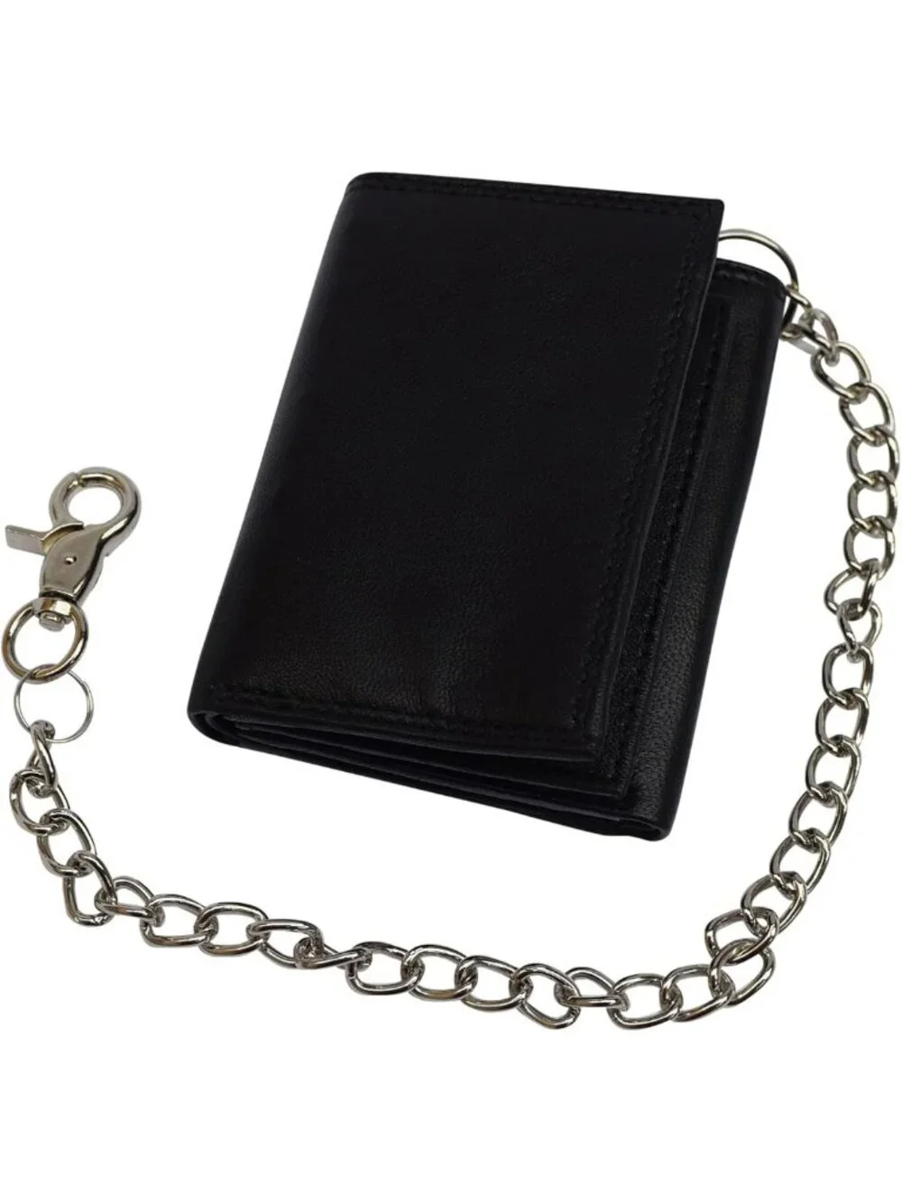 Men's Premium Leather Trifold Wallet with RFID Blocking & Chain - Black